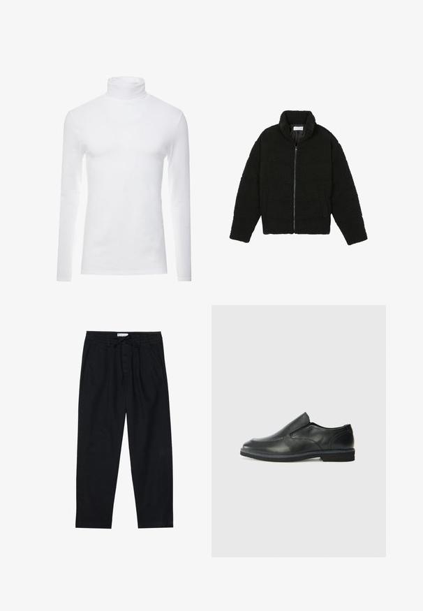 Casaco de pelo sintético preto com gola alta, fecho de zip, punhos elásticos e um design acolchoado. Apresenta bolsos laterais e uma textura suave.; Camisola de mangas longas com gola alta, feita de um tecido macio e elástico. Apresenta um design ajustado, proporcionando uma silhueta streamlined.; Pier One Chinos - black; Sapato slip-on preto em pele com um upper liso, acabamentos cosidos, bico arredondado e um salto de borracha baixo. A sola apresenta um padrão de aderência mínimo.