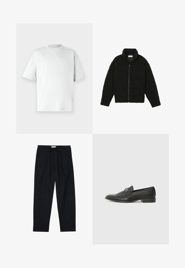 Juoda dirbtinė kailio striukė su aukštu apykakle, užtrauktuku, elastingomis rankovėmis ir siuvinėtu raštu. Su šoninėmis kišenėmis ir švelnia tekstūra.; Balta trumpų rankovių marškinėliai su apvalia iškirpte, pagaminti iš lygaus medvilnės audinio, su laisvu kirpimu ir be matomų raštų ar akcentų.; Pier One Chino stiliaus kelnės - black; Juodos odinės loafer tipo bateliai su lygiu paviršiumi, turintys siuvinėtą dizainą ir dekoratyvų metalo grandinėlės akcentą ant batų viršaus. Plokščias kulnas.