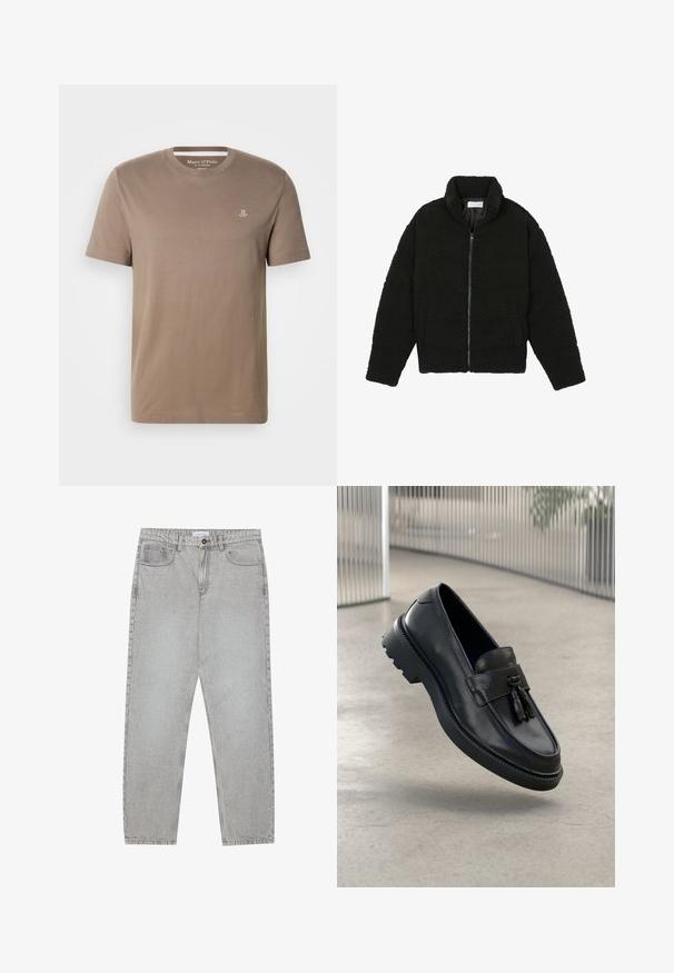 Černá umělá kožešinová bunda s vysokým límcem, zipovým uzávěrem, elastickými manžetami a prošívaným designem. Obsahuje postranní kapsy a jemnou texturu.; Krátké rukávy bavlněné tričko ve barvě taupe s kulatým výstřihem a malým bílým logem "M OP" na levé horní straně hrudi od značky Marc O'Polo.; Světlé šedé džíny s rovnými nohavicemi, pět kapsami a knoflíkovým zapínáním. Viditelné švy podél švů.; Pier One Polobotky - black