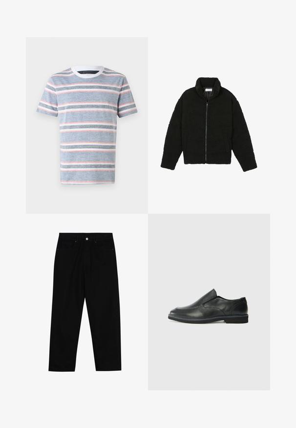Svart fuskepelsjakke med høy krage, glidelås, elastiske mansjetter og quiltet design. Har sidelommer og en myk tekstur.; Stripet t-skjorte i blå, med horisontale striper i hvit, grå og rosa. Rund hals og korte ermer, laget av lett materiale.; Sorte denimbukser med rett benklipp, fem-lomme design og frontknappåpning. Jevn tekstur med minimale sømdetaljer.; Sorte skinn slip-on sko med en jevn overflate, stikking detaljer, rund tå og en lav gummihæl. Sålen har minimal mønstring.