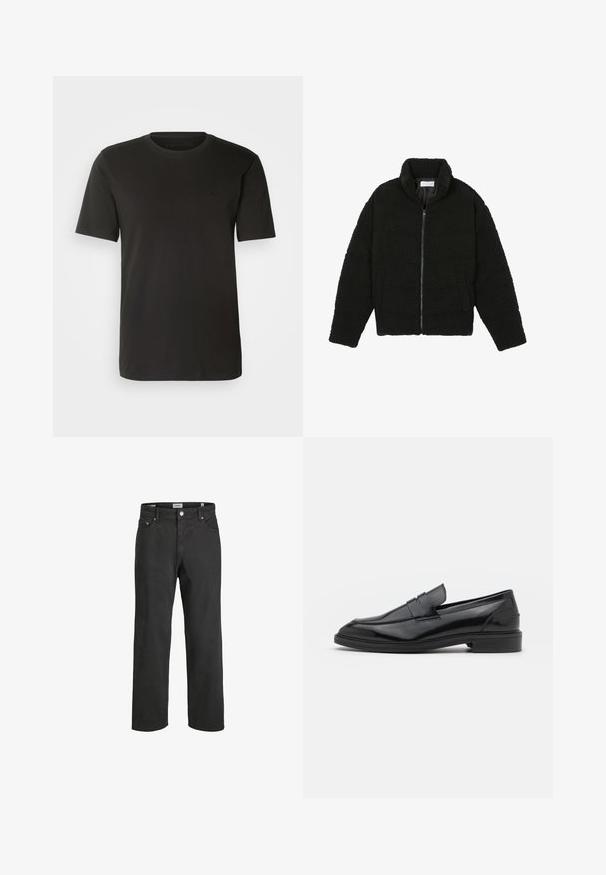 Čierna umelá kožušinová bunda s vysokým golierom, zipsom, elastickými manžetami a prešívaným dizajnom. Má bočné vrecká a jemnú textúru.; Čierne bavlnené tričko s klasickým okrúhlym výstrihom a krátkymi rukávmi, s jemným logom na hrudi a hladkou textúrou.; Čierne džíny so rovnými nohavicami vyrobené z bavlny, ktoré majú klasický dizajn s piatimi vreckami, zapínanie na gombík a jemné detaily prešívania.; Čierne kožené loaferky s hladkým povrchom, s okrúhlou špičkou a úzkym pásom cez vrch. Nízky vrstvený podpätok.