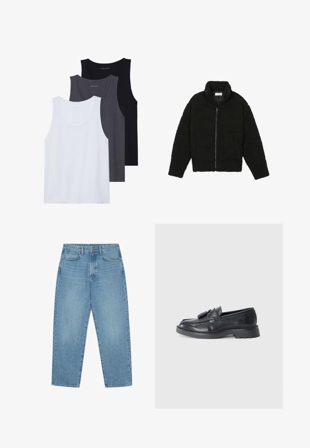 Černá umělá kožešinová bunda s vysokým límcem, zipovým uzávěrem, elastickými manžetami a prošívaným designem. Obsahuje postranní kapsy a jemnou texturu.; Tři tílka vystavená: jedno bílé, jedno tmavě šedé a jedno černé. Vyrobena z měkké tkaniny se zaoblenými výstřihy a bez výrazných vzorů.; Světle modré džíny s širokými nohavicemi a vysokým pasem, které mají pět kapes, poutka na opasek a měkkou, mírně vybledlou strukturu.; Černé kožené mokasíny s kulatou špičkou, páskem se třásněmi a robustní podrážkou s vzorováním. Hladká textura a klasický design.