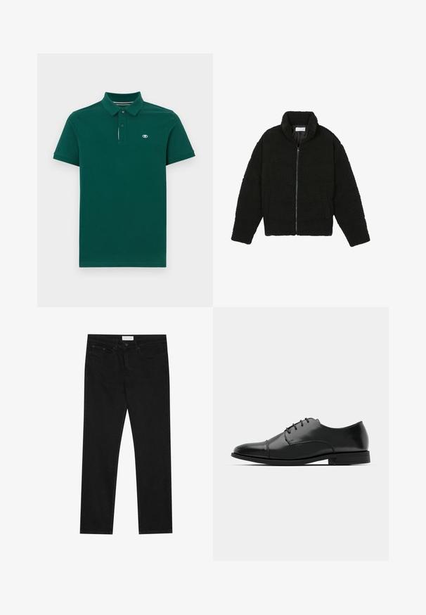 Casaco de pelo sintético preto com gola alta, fecho de zip, punhos elásticos e um design acolchoado. Apresenta bolsos laterais e uma textura suave.; Polo de cor verde escura feito de algodão texturizado sólido, com colarinho, pala de três botões e pequeno logotipo no peito.; Jeans pretos de perna reta com design de cinco bolsos, fecho com botão e zíper, e uma etiqueta da marca Pier One na cintura.; Sapatilha de pele preta com biqueira arredondada, design de atacadores, detalhes de costura sutis e um salto baixo. Textura suave com acabamento polido.