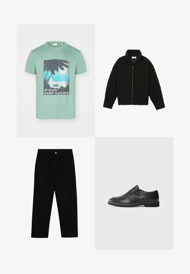 Svart fuskepelsjakke med høy krage, glidelås, elastiske mansjetter og quiltet design. Har sidelommer og en myk tekstur.; Mintgrønn bomullst-skjorte med grafisk trykk av palmer, en måne og seilbåter, merket "St Lucia GANT Sailing."; Sorte denimbukser med rett benklipp, fem-lomme design og frontknappåpning. Jevn tekstur med minimale sømdetaljer.; Sorte skinn slip-on sko med en jevn overflate, stikking detaljer, rund tå og en lav gummihæl. Sålen har minimal mønstring.