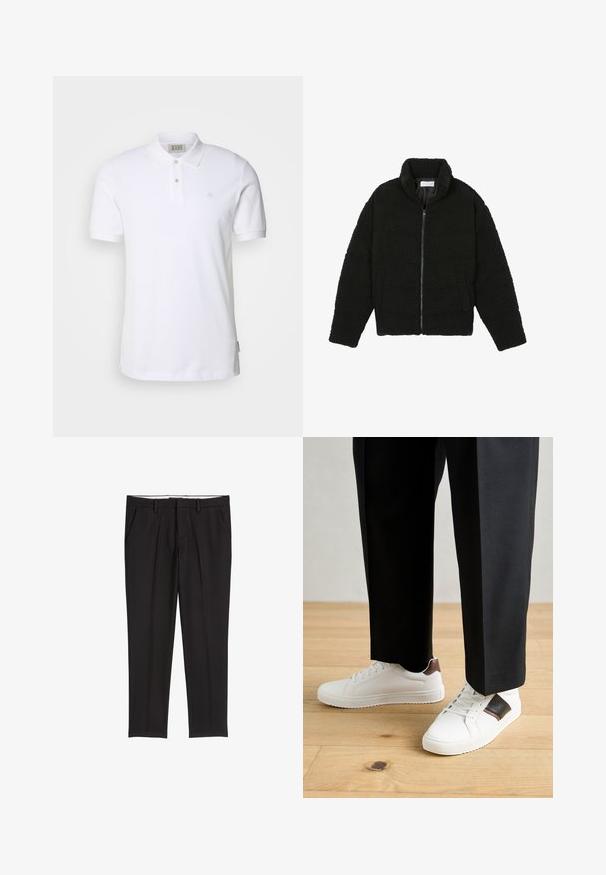 Schwarze Kunstpelzjacke mit hohem Kragen, Reißverschluss, elastischen Bündchen und gestepptem Design. Verfügt über seitliche Taschen und eine weiche Textur.; Weißes Baumwollpolohemd mit klassischem Kragen, zwei Knopfverschluss und kleinem gesticktem Logo auf der Brust. Kurzarm und gerader Saum.; Schwarze, maßgeschneiderte Hose mit glatter Textur, ausgestattet mit zwei Seitentaschen, einer flachen Vorderseite und einem klassischen Bund.; Weiße Sneakers mit glatter Textur, versehen mit braunen Lederakzenten und schwarzen Details, kombiniert mit schwarzen maßgeschneiderten Hosen. Hintergrund aus Holzboden.
