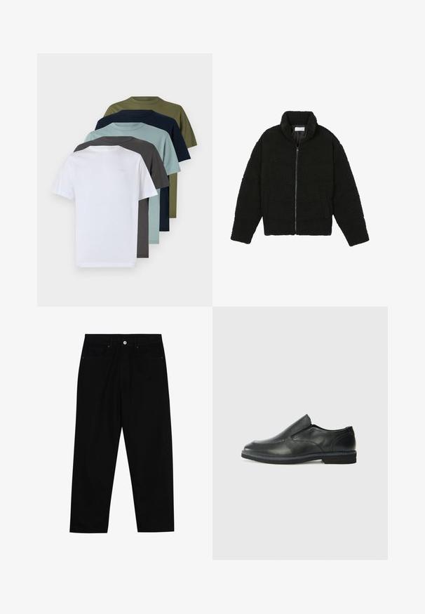 Sort faux fur jakke med høj krave, lynlås lukning, elastiske ærmer og et quiltet design. Har sidelommer og en blød tekstur.; Seks kortærmede t-shirts med rund hals i hvid, mørkegrå, lyseblå, marineblå, olivengrøn og mørkegrøn, der fremviser ensfarvede nuancer og en bomuldsstruktur.; Sorte denimbukser med lige ben, fem lomme-design og knaplukning foran. Glat tekstur med minimale syninger.; Sorte læder slip-on sko med en glat overdel, syede detaljer, rund tå og en lav gummihæl. Sålen har minimal profil.