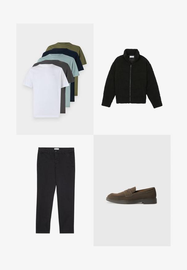 Giacca in pelliccia sintetica nera con colletto alto, chiusura con zip, polsini elasticizzati e design trapuntato. Presenta tasche laterali e una consistenza morbida.; Sei t-shirt a maniche corte concollo in bianco, grigio scuro, blu chiaro, blu navy, verde oliva e verde scuro, che mostrano colori solidi e una texture in cotone.; Pantaloni neri in cotone con vestibilità slim, dotati di due tasche laterali e chiusura anteriore con bottone. Tessuto testurizzato con dettagli sottili.; Mocassino in suede marrone con punta arrotondata, una fascia sulla parte superiore e suola in gomma piatta. Design semplice con linee pulite e dettagli minimi.