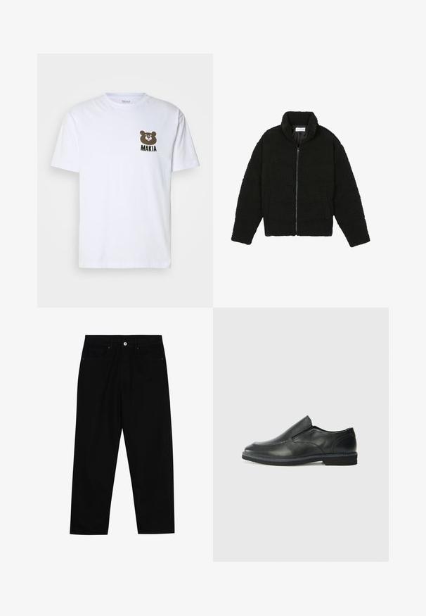 Chaqueta de pelaje sintético negro con cuello alto, cierre de cremallera, puños elásticos y un diseño acolchado. Cuenta con bolsillos laterales y una textura suave.; Camiseta de algodón blanca con un gráfico de un oso pardo y el texto "MAKIA" en el lado izquierdo del pecho. Cuello redondo clásico y mangas cortas.; Pantalones de mezclilla negra con corte recto, diseño de cinco bolsillos y cierre frontal con botón. Textura suave con detalles de costura mínimos.; Zapato negro de cuero sin cordones con un upper suave, detalles de costura, punta redonda y un bajo tacón de goma. La suela presenta una tracción mínima.