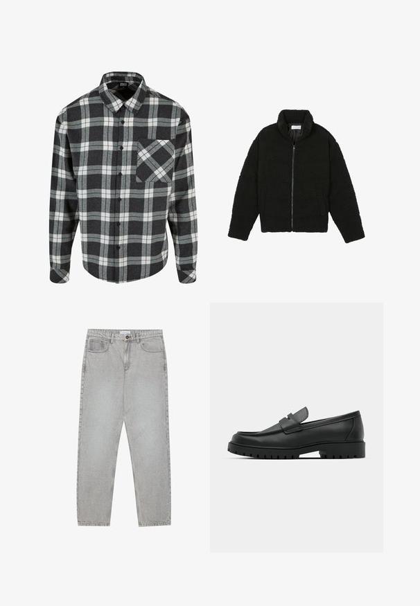Zwarte faux fur jas met een hoge kraag, ritssluiting, elastische manchetten en een doorgestikt ontwerp. Beschikt over zijzakken en een zachte textuur.; Geruite shirt in zwart, grijs en wit. Gemaakt van flanel, met een knoopsluiting aan de voorkant, een puntige kraag en een borstzak met een bijpassend patroon.; Lichtgrijze denimbroek met een recht model, vijfzakkenstijl en een knoopsluiting. Zichtbare stiksels langs de naden.; Zwarte leren instappers met een ronde neus, voorzien van een gestikt ontwerp, een lage platformzool en een gestructureerde, grof rubberen buitenzool.