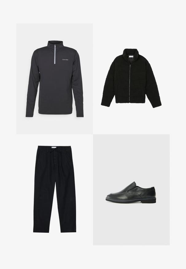 Fekete műszőrme dzseki magas gallérral, cipzáros záródással, rugalmas mandzsettákkal és steppelt mintázattal. Oldalsó zsebekkel rendelkezik, és puha tapintású.; Fekete, hosszúujjú pulóver negyedzippes nyakkal. Bal mellen logó található, sima, könnyű anyagból készült.; Pier One Vászonnadrágok - black; Fekete bőr, slip-on cipő sima felsőrésszel, varrott díszítéssel, lekerekített orral és alacsony gumitalppal. A talpa minimális bordázattal rendelkezik.