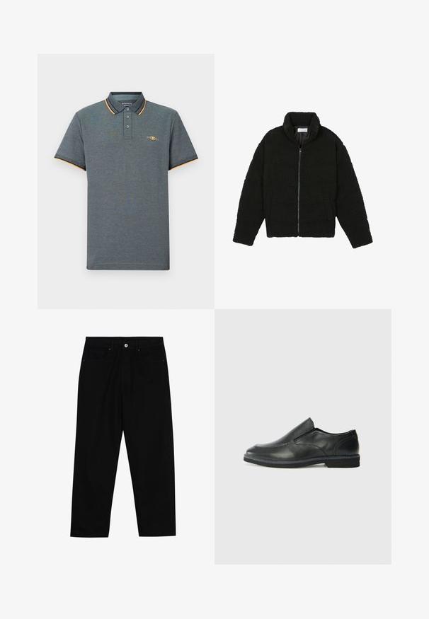 Fekete műszőrme dzseki magas gallérral, cipzáros záródással, rugalmas mandzsettákkal és steppelt mintázattal. Oldalsó zsebekkel rendelkezik, és puha tapintású.; Szürke poloing, textúrált anyagból, háromgombos gallérral, világoskék és narancssárga gallérkiegészítőkkel, valamint egy kis logóval a mellrészen.; Fekete farmernadrág, egyenes szabással, öt zsebből álló dizájnnal és elülső gombos záródással. Simább felület minimális varrási részletekkel.; Fekete bőr, slip-on cipő sima felsőrésszel, varrott díszítéssel, lekerekített orral és alacsony gumitalppal. A talpa minimális bordázattal rendelkezik.