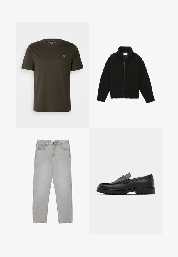 Melnā mākslīgā kažokādas jaka ar augstu apkakli, ar rāvējslēdzēju, elastīgām piedurknēm un kvadrātveida šuvēm. Iespējotas sānu kabatas un mīksta tekstūra.; Tumši olīvu zaļas kokvilnas t-kreklis ar apaļu izgriezumu, īsām piedurknēm un mazu baltu "MOP" logo uz krūtīm. Gluda tekstūra.; Gai pelēko džinsu bikses ar taisnajām kājām, piecu kabatu stilu un pogu aizdari. Redzama šuvju apstrāde gar šuvēm.; Melnas ādas loafers ar noapaļotu purngalu, ar izšūtu dizainu, zemu platformas zoli un teksturētu, rievotu gumijas ārējo zoli.