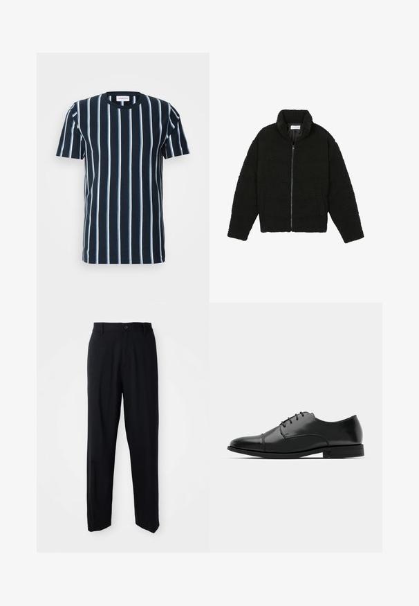 Melnā mākslīgā kažokādas jaka ar augstu apkakli, ar rāvējslēdzēju, elastīgām piedurknēm un kvadrātveida šuvēm. Iespējotas sānu kabatas un mīksta tekstūra.; Jūras spēku svītrainā T-kreklā ir vertikālas baltas svītras, apaļa kakla izgriezums, īsas piedurknes un brīvs piegriezums. Gluda kokvilnas audums.; Melnas taisnas bikses ar jostu cilpiņām, pogu aizdari un elegantu, minimālistisku dizainu uz neitrāla fona.; Melnas ādas vadmalas kurpes ar noapaļotu purngalu, saistījuma dizains, smalkas izšuvumu detaļas un zema papēža. Gluda tekstūra ar spīdīgu apdari.