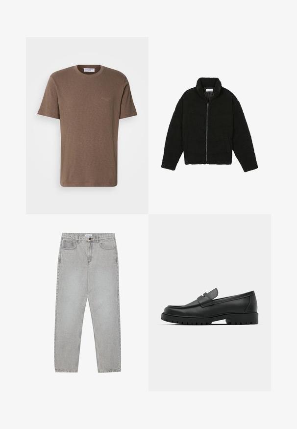 Chaqueta de pelaje sintético negro con cuello alto, cierre de cremallera, puños elásticos y un diseño acolchado. Cuenta con bolsillos laterales y una textura suave.; Camiseta de algodón marrón con cuello redondo, mangas cortas y un sutil logo en el pecho; tejido ligero con un acabado suave y texturizado.; Pantalones de mezclilla gris claro con un diseño de pierna recta, estilo de cinco bolsillos y cierre de botón. Costuras visibles a lo largo de las costuras.; Mocasines de cuero negro con punta redonda, que cuentan con un diseño cosido, suela de plataforma baja y una suela de goma texturada y con tacos.