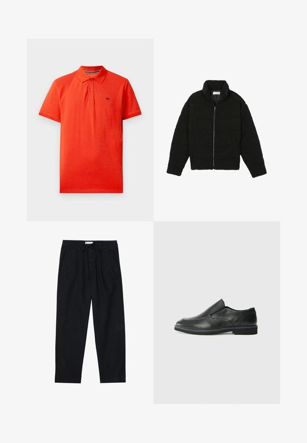 Black faux fur jacket with a high collar, zip closure, elastic cuffs, and a quilted design. Features side pockets and a soft texture.; Red polo shirt made of cotton, featuring a collared neckline, three-button placket, short sleeves, and a small logo on the left chest.; Pier One Chinos - black; Black leather slip-on shoe with a smooth upper, stitched accents, rounded toe, and a low rubber heel. Sole features minimal tread.