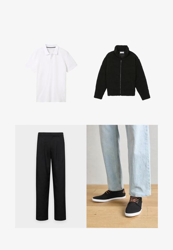 Sort faux fur jakke med høj krave, lynlås lukning, elastiske ærmer og et quiltet design. Har sidelommer og en blød tekstur.; TOM TAILOR BASIC - Poloshirts - white; Sorte bukser lavet af glat stof, med et lige ben-design, to frontfolder og en standard talje med bæltestropper.; Sort canvas sneakers med brune detaljer, hvide gummisåler og brune snørebånd, parret med lyseblå lige ben jeans. Trægulv i baggrunden.