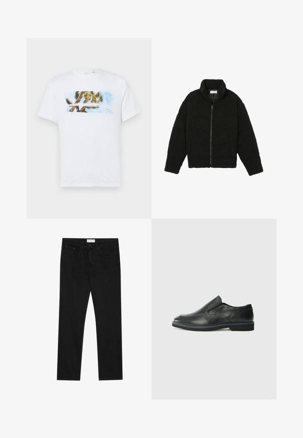 Casaco de pelo sintético preto com gola alta, fecho de zip, punhos elásticos e um design acolchoado. Apresenta bolsos laterais e uma textura suave.; T-shirt de algodão branco com uma gráfica colorida de uma árvore Joshua e céu azul. Mangas curtas, decote redondo e ajuste confortável.; Jeans pretos de perna reta com design de cinco bolsos, fecho com botão e zíper, e uma etiqueta da marca Pier One na cintura.; Sapato slip-on preto em pele com um upper liso, acabamentos cosidos, bico arredondado e um salto de borracha baixo. A sola apresenta um padrão de aderência mínimo.