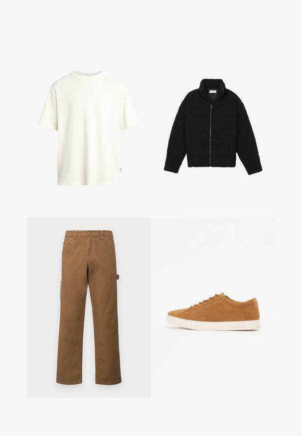 Casaco de pelo sintético preto com gola alta, fecho de zip, punhos elásticos e um design acolchoado. Apresenta bolsos laterais e uma textura suave.; T-shirt de manga curta, com decote redondo em bege claro, feito de algodão suave, apresentando um corte reto e um design minimalista sem padrões.; Calças cargo de algodão castanhas com pernas retas, apresentando bolsos laterais e um fecho de botão metálico na cintura. Textura suave e design casual.; Sneakers de camurça castanha com um design de cano baixo, sola de borracha branca e bico redondo. Apresentam cordões combinando e uma marcação mínima no calcanhar.