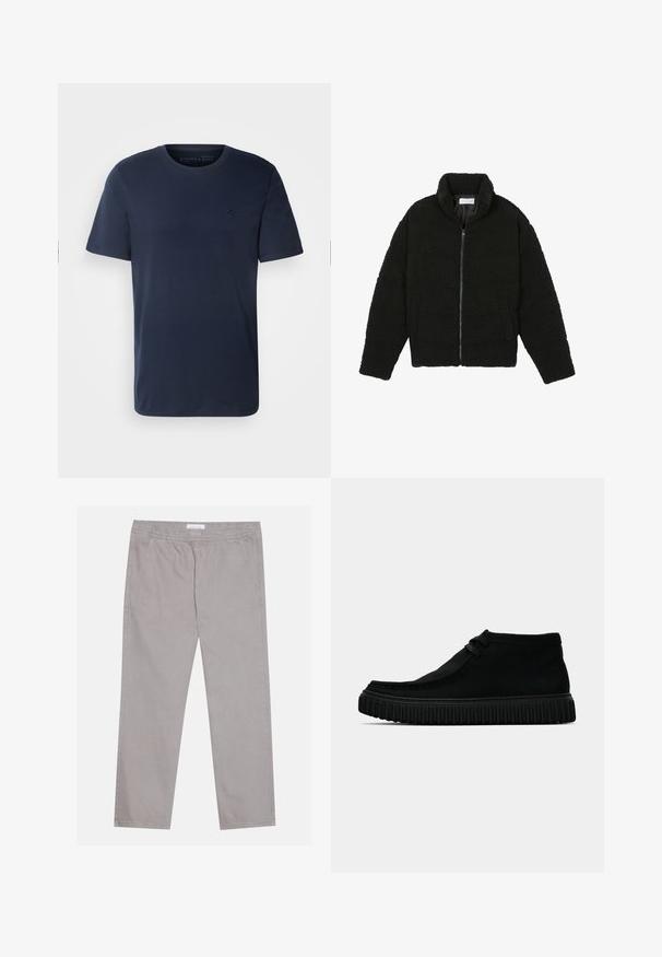 Black faux fur jacket with a high collar, zip closure, elastic cuffs, and a quilted design. Features side pockets and a soft texture.; Navy blue cotton short-sleeve t-shirt with a crew neck and a small embroidered logo on the chest. Smooth texture, standard fit.; Light gray cotton pants with an elastic waistband, two side pockets, straight leg design, and a smooth texture. Simple stitching detail.; Black ankle boots made of soft material, with a rounded toe, minimal lacing, and a textured rubber sole featuring vertical grooves.