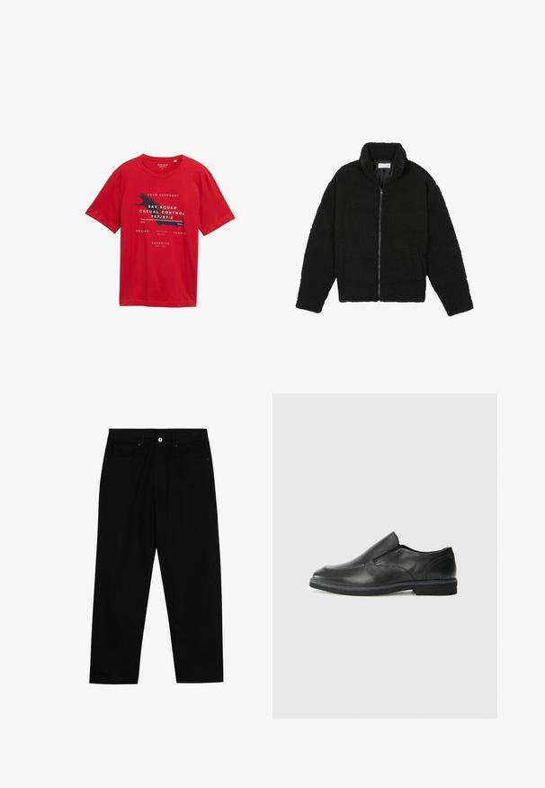 Fekete műszőrme dzseki magas gallérral, cipzáros záródással, rugalmas mandzsettákkal és steppelt mintázattal. Oldalsó zsebekkel rendelkezik, és puha tapintású.; Piros pamut póló rövid ujjakkal, kerek nyakkal, és fekete-fehér grafikával, amely szöveget és egy madár mintát ábrázol.; Fekete farmernadrág, egyenes szabással, öt zsebből álló dizájnnal és elülső gombos záródással. Simább felület minimális varrási részletekkel.; Fekete bőr, slip-on cipő sima felsőrésszel, varrott díszítéssel, lekerekített orral és alacsony gumitalppal. A talpa minimális bordázattal rendelkezik.