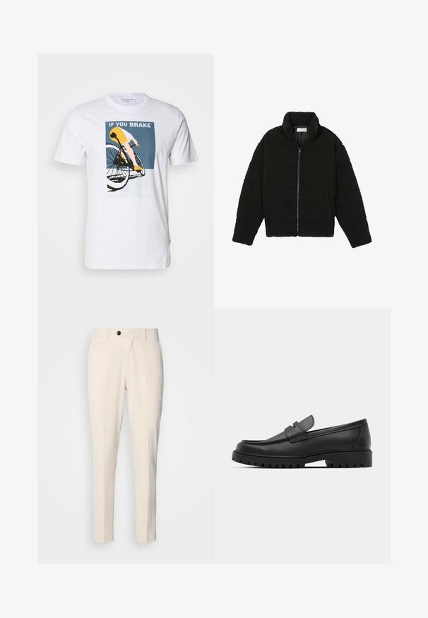 Juoda dirbtinė kailio striukė su aukštu apykakle, užtrauktuku, elastingomis rankovėmis ir siuvinėtu raštu. Su šoninėmis kišenėmis ir švelnia tekstūra.; Balta medvilninė marškinėlių su dviračiu grafika. Dizainą sudaro dviratininkas geltonai mėlynos spalvos su tekstu: "JEI STABDYSI, NELAIMĖSI."; Bežinės pritaikytos kelnės su plokščiu priekiu, vienu mygtuku ir dviem įstrižomis šoninėmis kišenėmis. Lygus audinys, siauras kirpimas ir siaurėjančios kojos.; Juodi odiniai loaferiai su apvalia nosimi, su siuvinėtu dizainu, žemu platformos padu ir tekstūruotu, sukibimo raštu padu.
