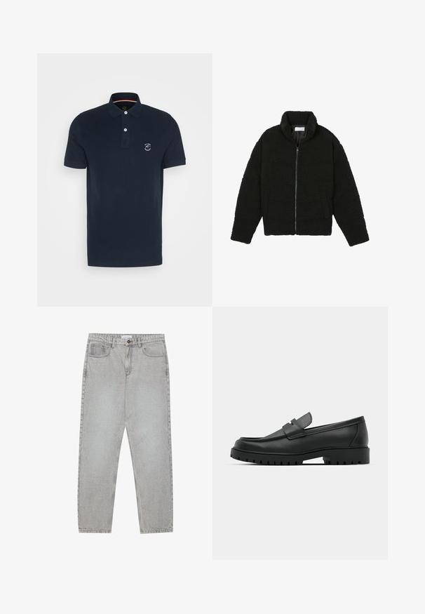 Schwarze Kunstpelzjacke mit hohem Kragen, Reißverschluss, elastischen Bündchen und gestepptem Design. Verfügt über seitliche Taschen und eine weiche Textur.; Marineblaue Polo-Shirt aus Baumwolle mit einer Knopfleiste mit zwei Knöpfen, kurzen Ärmeln und einem Logo auf der linken Brust. Glatte Textur, klassischer Schnitt.; Helle graue Jeanshose mit gerade geschnittenem Design, Fünf-Taschen-Stil und Knopfverschluss. Sichtbare Nähte entlang der Seitennähte.; Schwarze Lederloafer mit runder Zehenform, ausgestattet mit einem gesteppten Design, niedrigem Plattformsohle und einer strukturierten, genoppten Gummisohle.