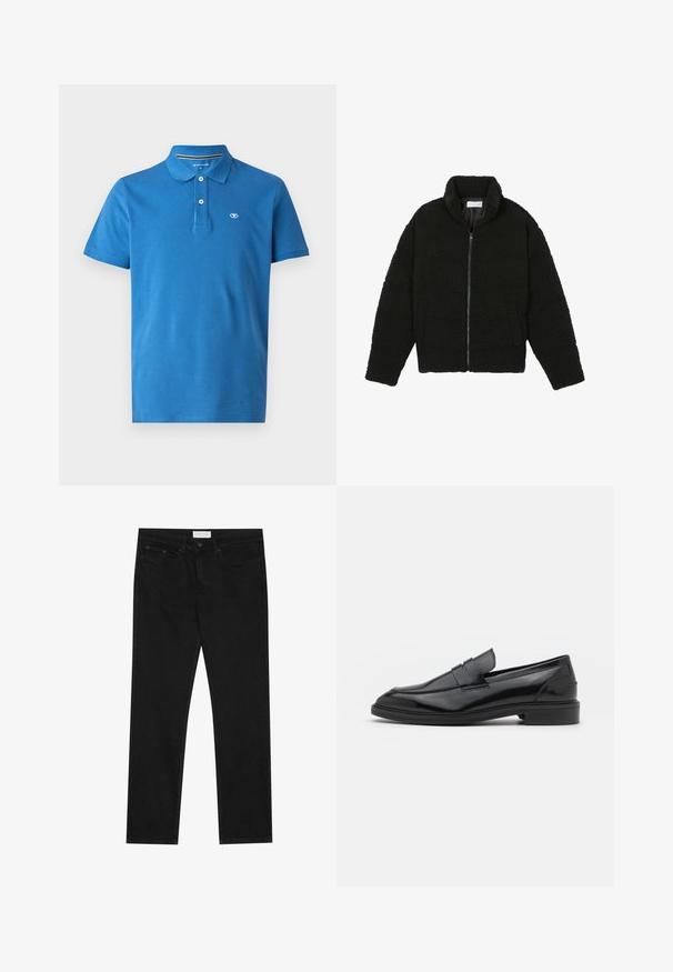 Černá umělá kožešinová bunda s vysokým límcem, zipovým uzávěrem, elastickými manžetami a prošívaným designem. Obsahuje postranní kapsy a jemnou texturu.; Modrá polo košile vyrobená z bavlny, s límečkem, dvouknoflíkovou légu, krátkými rukávy a malým logem na hrudi.; Černé rovné džíny s pěti kapsami, zapínání na knoflík a zip, a štítek značky Pier One na pase.; Černé kožené mokasíny s hladkým povrchem, s kulatou špičkou a úzkým páskem přes svršek. Nízký vrstvený podpatek.