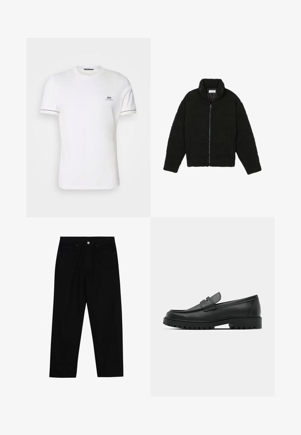 Black faux fur jacket with a high collar, zip closure, elastic cuffs, and a quilted design. Features side pockets and a soft texture.; White cotton t-shirt with short sleeves, featuring navy accent stitching on the sleeves and a small navy logo on the left chest.; Black denim pants featuring a straight-leg cut, five-pocket design, and a front button closure. Smooth texture with minimal stitching details.; Black leather loafers with a rounded toe, featuring a stitched design, low platform sole, and a textured, lugged rubber outsole.