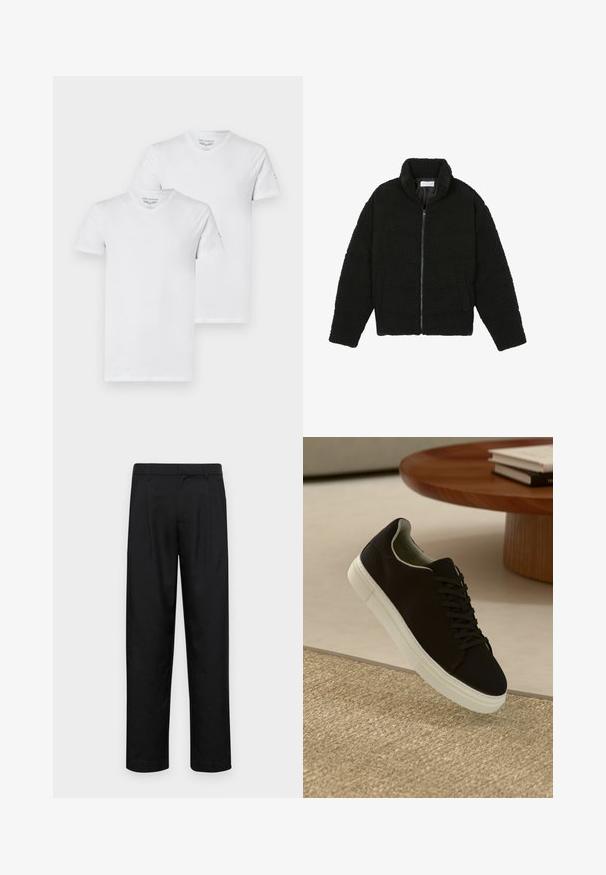 Sort faux fur jakke med høj krave, lynlås lukning, elastiske ærmer og et quiltet design. Har sidelommer og en blød tekstur.; To hvide V-hals T-shirts lavet af bomuld, med korte ærmer og en afslappet pasform, med brandlogoet trykt på den ene ærme.; Sorte bukser lavet af glat stof, med et lige ben-design, to frontfolder og en standard talje med bæltestropper.; Sort sneaker med hvid sål svævende over en beige tekstureret tæppe nær et rundt trætabel med stablede bøger.