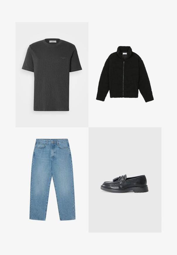 Schwarze Kunstpelzjacke mit hohem Kragen, Reißverschluss, elastischen Bündchen und gestepptem Design. Verfügt über seitliche Taschen und eine weiche Textur.; Dunkelgraues Baumwoll-T-Shirt mit kurzen Ärmeln und rundem Halsausschnitt. Verfügt über ein dezentes Markenlogo in der oberen linken Ecke. Weiche Textur.; Hellblaue Jeans im weit geschnittenen Stil mit hoher Taille, ausgestattet mit fünf Taschen, Gürtelschlaufen und einer weichen, leicht verblassten Textur.; Schwarze Leder Slipper mit abgerundeter Spitze, einem Riemen mit Quasten und einer dicken Sohle mit einem Profilmuster. Glatte Textur und klassisches Design.