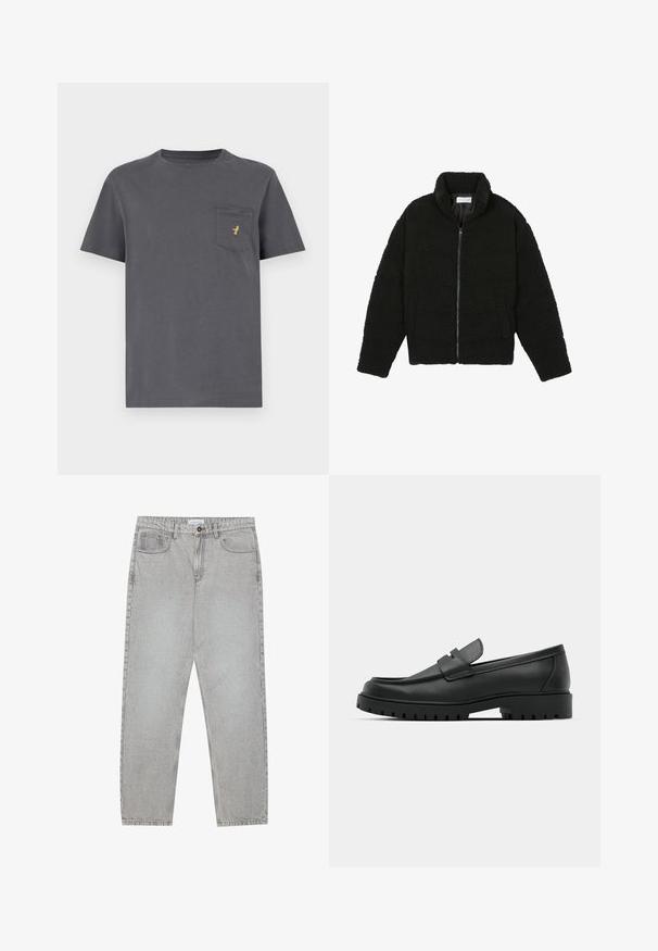 Musta tekokarvalehtijakku korkean kauluksen, vetoketjun, joustavat hihansuut ja tilkkutäkkikuvion. Sisältää sivutaskut ja pehmeän pinnan.; Harmaa puuvillapaita lyhyillä hihoilla, pyöreällä kauluksella ja taskulla, jossa on pieni kultainen logo vasemmalla puolella. Sujuva kangas.; Vaaleanharmaat farkut, joissa on suora lahje, viisi taskua ja nappisulku. Saumojen varrella näkyvä ompelu.; Musta nahkaloafers, joissa on pyöreä kärki, ommeltu pinta, matala alusta ja kuvioitu, kuminen ulkopohja.