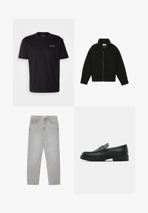 Μαύρη ψεύτικη γούνα τζάκετ με ψηλό γιακά, φερμουάρ, ελαστικούς καρπούς και σχεδίαση με κουβέρτα. Περιλαμβάνει πλαϊνές τσέπες και μαλακή υφή.; Μαύρο βαμβακερό T-shirt με στρογγυλή λαιμόκοψη, κοντά μανίκια και μικρό λευκό λογότυπο στο στήθος. Λείο ύφασμα. Κλασική εφαρμογή.; Ανοιχτό γκρι τζιν παντελόνι με ίσια γραμμή, πέντε τσέπες και κλείσιμο με κουμπί. Ορατές ραφές κατά μήκος των ραφών.; Μαύρα δερμάτινα λουστρίνια με στρογγυλή μύτη, που διαθέτουν ραμμένο σχέδιο, χαμηλή πλατφόρμα και υφή με λαστιχένια σόλα με προεξοχές.