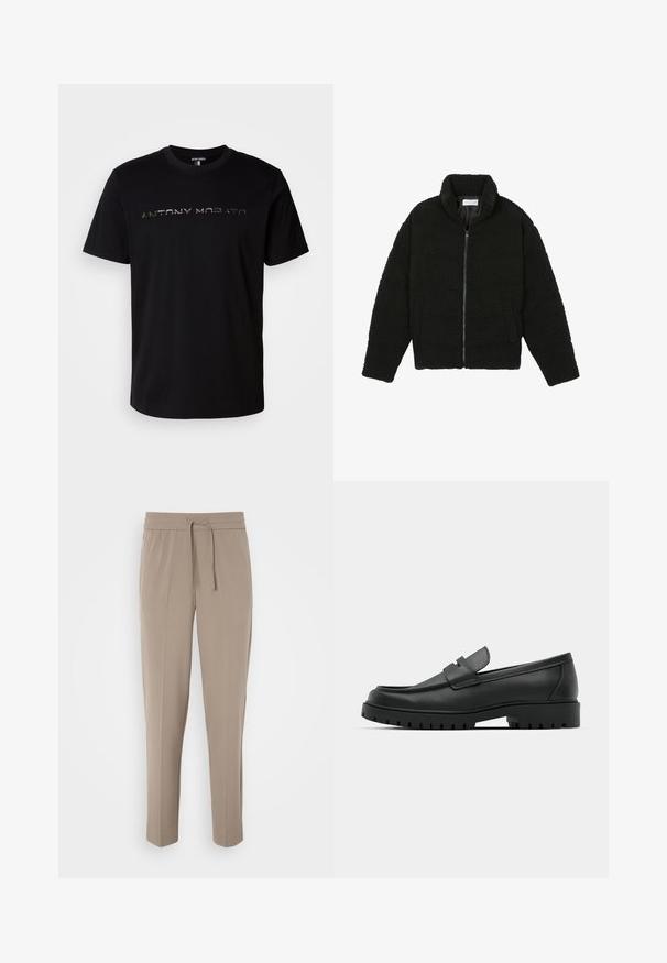 Černá umělá kožešinová bunda s vysokým límcem, zipovým uzávěrem, elastickými manžetami a prošívaným designem. Obsahuje postranní kapsy a jemnou texturu.; Černé bavlněné tričko s kulatým výstřihem a lesklým potiskem loga "ANTONY MORATO" přes hruď.; Světlé béžové kalhoty s elastickým pasem, nastavitelnou šňůrkou a zúženými nohavicemi. Tkanina vypadá hladce s jemným leskem.; Černé kožené mokasíny s kulatou špičkou, zdobené prošitím, s nízkou platformou a texturovanou gumovou podrážkou s drážkováním.