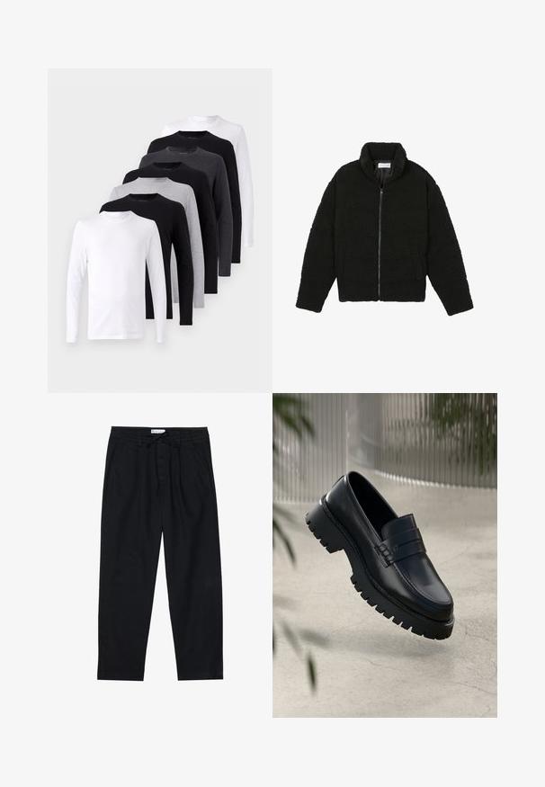 Črna jakna iz umetnega krzna z visokim ovratnikom, z zadrgo, elastičnimi manšetami in kviltanim dizajnom. Ima stranske žepke in mehak tekstur.; Dolgallon T-shirt set v črni, beli in sivi barvi. Iz bombažnega materiala, zasnova s krožnim izrezom, gladka tekstura brez vzorcev ali poudarkov.; Pier One Hlače chino - black; Črne usnjene loaferje z debelim podplatom, ki imajo dekorativno zanko in detajl šivanja. Gladka tekstura z sijočo obdelavo.