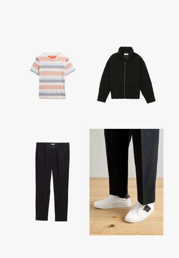 Melnā mākslīgā kažokādas jaka ar augstu apkakli, ar rāvējslēdzēju, elastīgām piedurknēm un kvadrātveida šuvēm. Iespējotas sānu kabatas un mīksta tekstūra.; Kokvilnas svītraina T-krekle, kurai ir plašas horizontālas svītras oranžā, zilā, pelēkā un baltā krāsā, ar apaļu kakla izgriezumu un īsām piedurknēm.; Melnas bikses, kas izgatavotas no gludas auduma, ar pogu aizdari, diviem priekšējiem kabatām un pielāgotu piegriezumu.; Baltā pārsoļa apavi ar gludu tekstūru, papildināti ar brūniem ādas akcentiem un melniem elementiem, savienoti ar melnām pielāgotām biksēm. Koka grīdas fons.