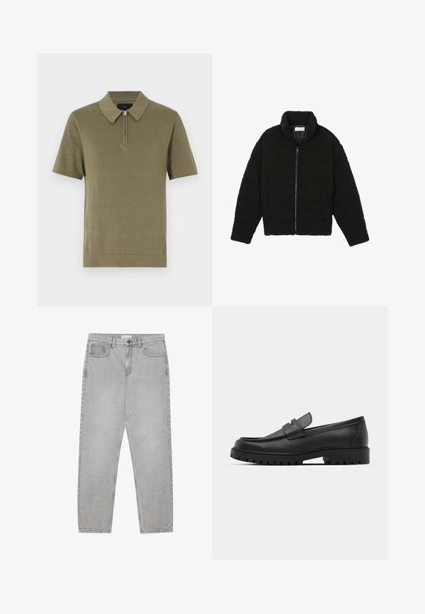Zwarte faux fur jas met een hoge kraag, ritssluiting, elastische manchetten en een doorgestikt ontwerp. Beschikt over zijzakken en een zachte textuur.; Olijfgroene polo met korte mouwen, met een ritssluiting bij de kraag, een textuurstof en een rechte zoom. Eenvoudig en strak ontwerp.; Lichtgrijze denimbroek met een recht model, vijfzakkenstijl en een knoopsluiting. Zichtbare stiksels langs de naden.; Zwarte leren instappers met een ronde neus, voorzien van een gestikt ontwerp, een lage platformzool en een gestructureerde, grof rubberen buitenzool.