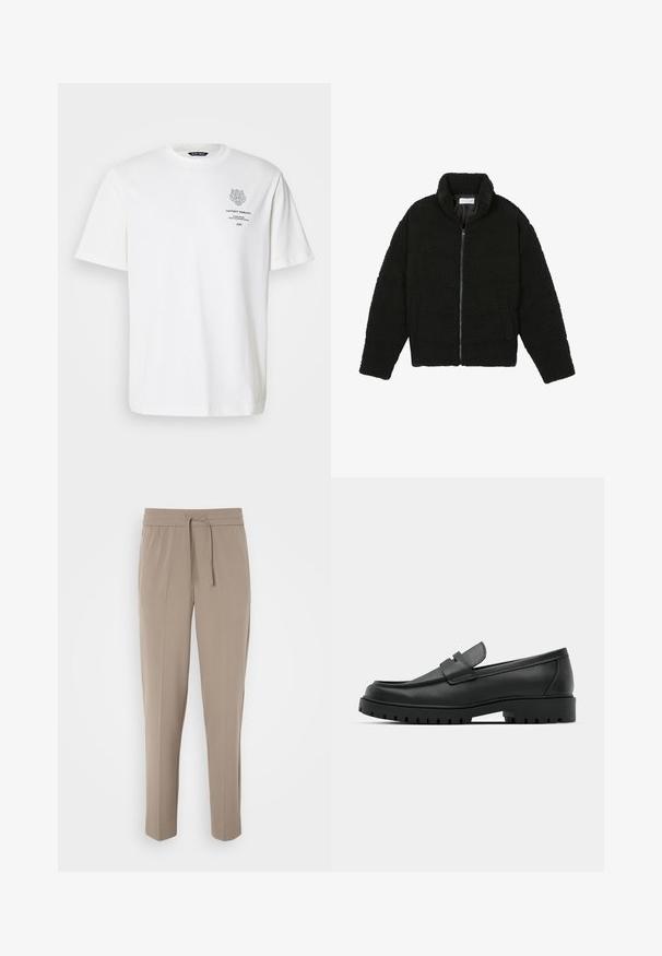 Melnā mākslīgā kažokādas jaka ar augstu apkakli, ar rāvējslēdzēju, elastīgām piedurknēm un kvadrātveida šuvēm. Iespējotas sānu kabatas un mīksta tekstūra.; Balta kokvilnas T-krekls ar apaļu apkakli, īsām piedurknēm un pelēku drukātu logo un teksta dizainu uz priekša.; Gaiši pelēkas bikses ar elastīgu jostasvietu, regulējamu auklu un sašaurinātām kājām. Audums izskatās gluds ar vieglu spīdumu.; Melnas ādas loafers ar noapaļotu purngalu, ar izšūtu dizainu, zemu platformas zoli un teksturētu, rievotu gumijas ārējo zoli.