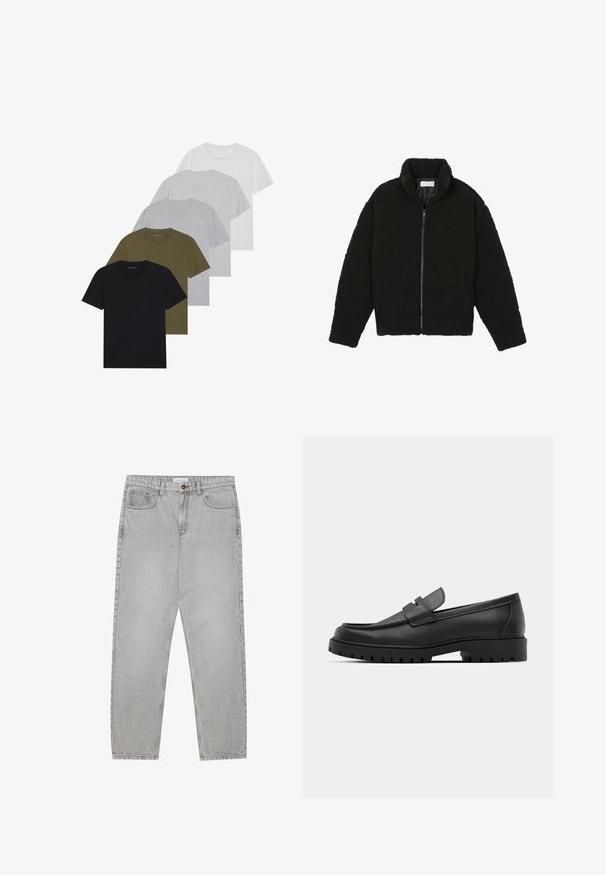 Černá umělá kožešinová bunda s vysokým límcem, zipovým uzávěrem, elastickými manžetami a prošívaným designem. Obsahuje postranní kapsy a jemnou texturu.; Pět pánských triček s kulatým výstřihem v černé, olivové, světle šedé, tmavě šedé a bílé barvě. Vyrobena z měkké tkaniny s krátkými rukávy a volným střihem.; Světlé šedé džíny s rovnými nohavicemi, pět kapsami a knoflíkovým zapínáním. Viditelné švy podél švů.; Černé kožené mokasíny s kulatou špičkou, zdobené prošitím, s nízkou platformou a texturovanou gumovou podrážkou s drážkováním.