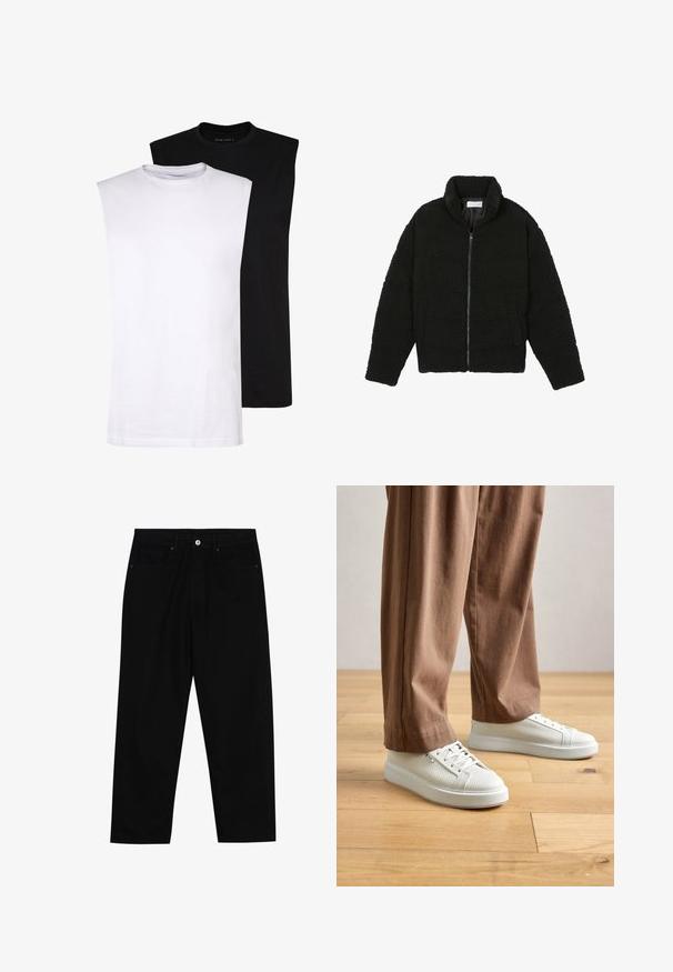 Chaqueta de pelaje sintético negro con cuello alto, cierre de cremallera, puños elásticos y un diseño acolchado. Cuenta con bolsillos laterales y una textura suave.; Camisetas de algodón sin mangas en blanco y negro con escote redondo, textura suave y diseño minimalista. Adecuadas para diversos entornos casuales.; Pantalones de mezclilla negra con corte recto, diseño de cinco bolsillos y cierre frontal con botón. Textura suave con detalles de costura mínimos.; Persona con zapatillas bajas de textura blanca y pantalones marrones holgados, de pie sobre un suelo de madera clara.