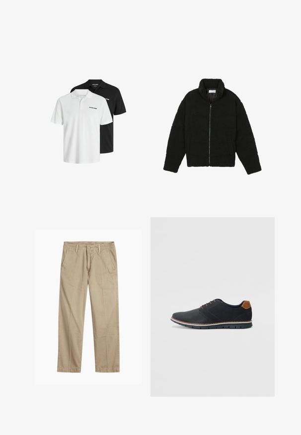 Zwarte faux fur jas met een hoge kraag, ritssluiting, elastische manchetten en een doorgestikt ontwerp. Beschikt over zijzakken en een zachte textuur.; Twee kortekoope polohemden in zwart en wit, gemaakt van katoen met een subtiele textuur; voorzien van een kraag en logoaccent.; Beige rechte pijpen chinos met riemlussen, voorkant met knoop en rits sluiting, en schuine voorzakken.; Zwarte synthetische schoenen met een gestructureerde bovenkant, gladde accenten, bruine hak en een contrasterende zool. Bevat minimale veters en stikdetails.
