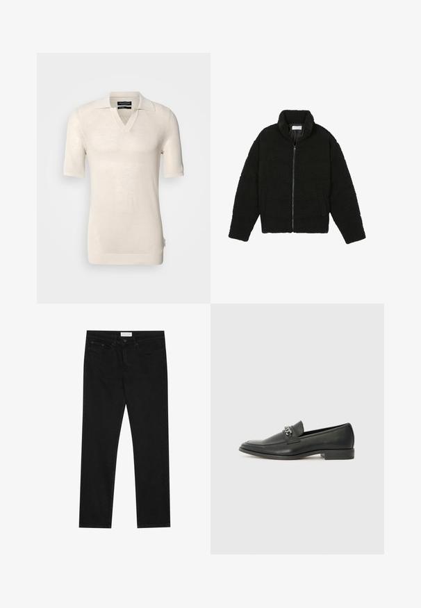 Chaqueta de pelaje sintético negro con cuello alto, cierre de cremallera, puños elásticos y un diseño acolchado. Cuenta con bolsillos laterales y una textura suave.; Suéter de manga corta color beige claro con escote en V y cuello plano. Hecho de tela de punto texturizada, presenta un patrón sutil y una etiqueta lateral.; Jeans negros de pierna recta con diseño de cinco bolsillos, cierre de botón y cremallera, y etiqueta de la marca Pier One en la cinturilla.; Mocasín de cuero negro con un acabado suave, que cuenta con un diseño de costura y un acento decorativo de cadena de metal en el empeine. Tacón plano.