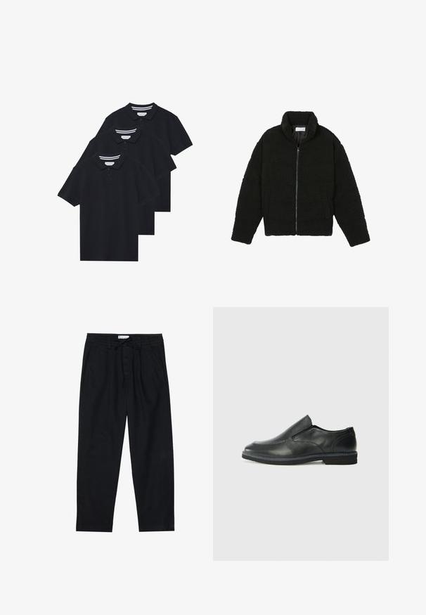 Casaco de pelo sintético preto com gola alta, fecho de zip, punhos elásticos e um design acolchoado. Apresenta bolsos laterais e uma textura suave.; Três camisetas polo pretas de algodão com colarinho clássico, paleta de dois botões e detalhe listrado em contraste no colarinho.; Pier One Chinos - black; Sapato slip-on preto em pele com um upper liso, acabamentos cosidos, bico arredondado e um salto de borracha baixo. A sola apresenta um padrão de aderência mínimo.