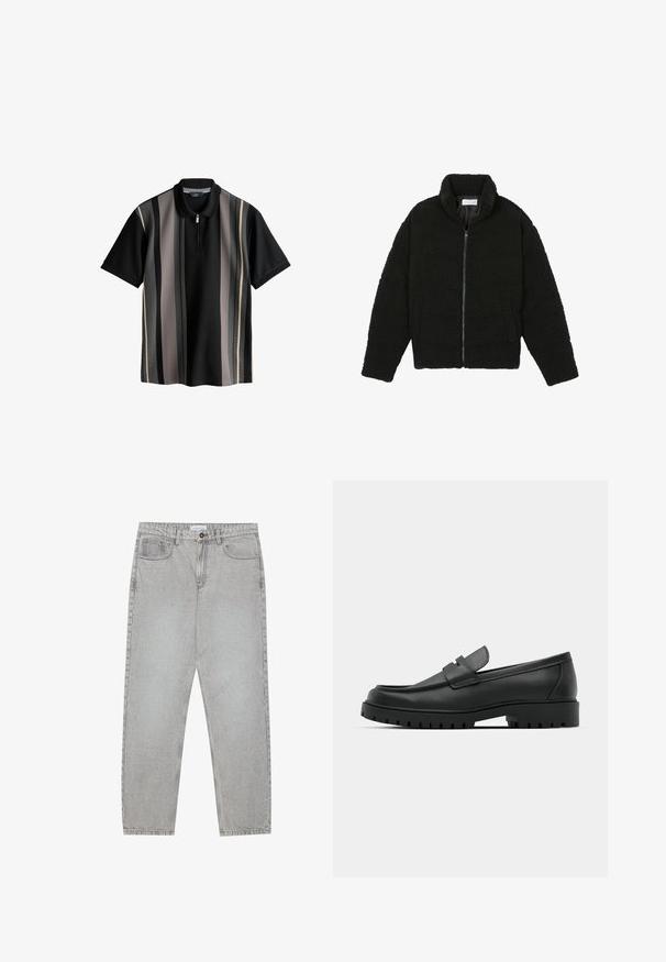 Svart faux fur-jacka med hög krage, dragkedjestängning, elastiska manschetter och ett kviltat mönster. Har sidofickor och en mjuk textur.; Svart polotröja med vertikala ränder i grått, krämfärgat och mörkgrått. Har en dragkedja i kragen och textilstruktur. Kortärmad.; Ljusgrå denimbyxor med rak benform, femficksdesign och knappstängning. Synliga sömmar längs sömmarna.; Svarta lädersneakers med rund tå, med en sydd design, låg plattformssula och en texturerad, mönstrad gummisula.