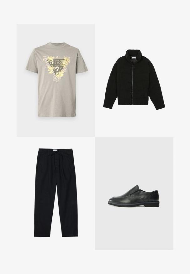Black faux fur jacket with a high collar, zip closure, elastic cuffs, and a quilted design. Features side pockets and a soft texture.; Gray cotton t-shirt featuring a triangular graphic with "GUESS" and floral accents in yellow. Round neck, short sleeves, and standard fit.; Pier One Chinos - black; Black leather slip-on shoe with a smooth upper, stitched accents, rounded toe, and a low rubber heel. Sole features minimal tread.
