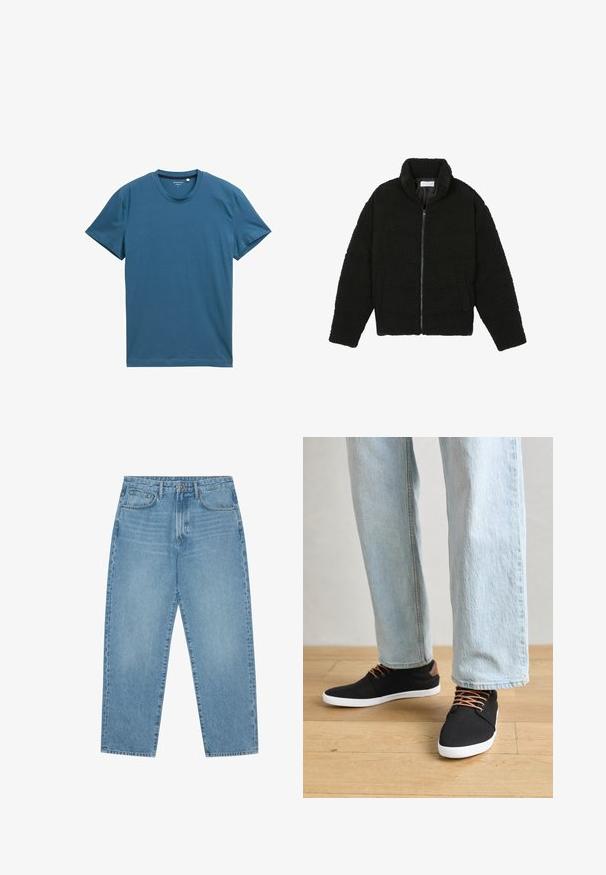 Juoda dirbtinė kailio striukė su aukštu apykakle, užtrauktuku, elastingomis rankovėmis ir siuvinėtu raštu. Su šoninėmis kišenėmis ir švelnia tekstūra.; Trumpas rankovėmis marškinėliai tamsiai mėlynos spalvos, pagaminti iš minkštos medvilnės. Turi apvalią iškirptę ir lygų, vienodą paviršių su paprastais siuvinėjimo akcentais.; Šviesiai mėlyni džinsai su plačiomis kojomis ir aukštu liemeniu, turintys penkias kišenes, diržo kilpas ir švelnų, šiek tiek išblukusį tekstūrą.; Juodi drobės sportbačiai su rudos spalvos akcentais, baltais gumos padu, rudi raišteliai, derinami su šviesiai mėlynomis tiesiomis džinsinėmis kelnėmis. Medinis grindų fonas.