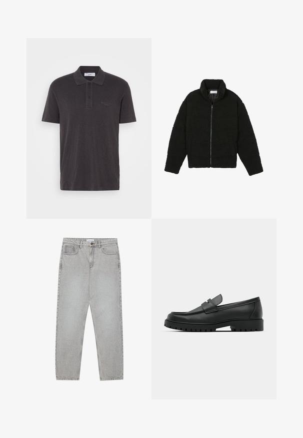 Veste en fausse fourrure noire avec un col haut, fermeture éclair, poignets élastiques et un design matelassé. Elle possède des poches latérales et une texture douce.; Polo shirt à manches courtes gris foncé en tissu doux, présentant une patte de boutonnage à deux boutons et un logo discret sur la poitrine gauche.; Pantalon en denim gris clair avec une coupe droite, cinq poches et une fermeture à bouton. Coutures visibles le long des coutures.; Mocassins en cuir noir à bout arrondi, avec un design cousu, une semelle plateforme basse et une semelle en caoutchouc texturée et crantée.
