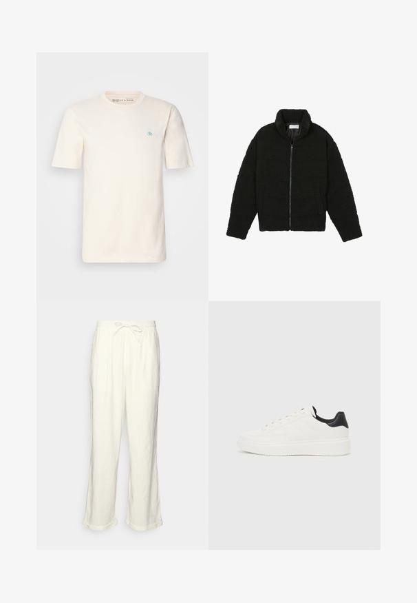 Black faux fur jacket with a high collar, zip closure, elastic cuffs, and a quilted design. Features side pockets and a soft texture.; Cream-colored cotton t-shirt with short sleeves, a crew neck, and a small blue emblem on the left chest. Soft texture and relaxed fit.; Linen trousers in off-white with a drawstring waistband, slightly wide legs, and rolled cuffs for a relaxed fit. No pockets.; White leather sneaker with embossed pattern, textured white midsole, and black heel accent. Features rounded toe and flat laces.