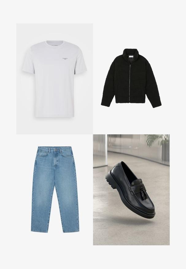 Sort faux fur jakke med høj krave, lynlås lukning, elastiske ærmer og et quiltet design. Har sidelommer og en blød tekstur.; Hvid bomulds T-shirt med rund hals, korte ærmer og et lille sort logo på venstre bryst. Glat tekstur og standard pasform.; Lys blå denim wide-leg jeans med høj talje, der har fem lommer, bæltestropper og en blød, let falmet tekstur.; Sorte læderloafer med glat finish, dekorativ kvast, tyk gummisål og syede detaljer. Let og elegant design.