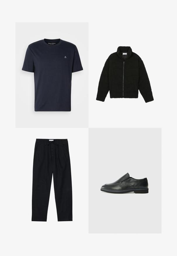 Fekete műszőrme dzseki magas gallérral, cipzáros záródással, rugalmas mandzsettákkal és steppelt mintázattal. Oldalsó zsebekkel rendelkezik, és puha tapintású.; Sötétkék pamut póló rövid ujjú, kerek nyakkivágással és kis hímzett logóval a mellkason. Sima textúra, hétköznapi dizájn.; Pier One Vászonnadrágok - black; Fekete bőr, slip-on cipő sima felsőrésszel, varrott díszítéssel, lekerekített orral és alacsony gumitalppal. A talpa minimális bordázattal rendelkezik.