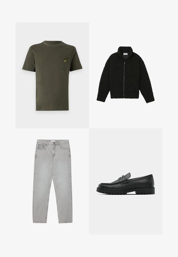 Sort faux fur jakke med høj krave, lynlås lukning, elastiske ærmer og et quiltet design. Har sidelommer og en blød tekstur.; Olivengrøn bomulds t-shirt med ribbet krave, korte ærmer og en venstre brystlomme med et lille gult logo. Glat tekstur.; Lysegrå denimbukser med lige ben, fem lommer og knaplukning. Synlig syning langs sømmene.; Sorte læder loafers med rund tå, der har et syet design, lav platformssål og en struktureret, skridsikker gummisål.